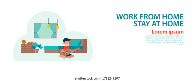 banner of cartoon version of working home and stay home with flat design