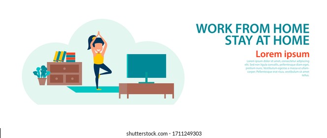 banner of cartoon version of working home and stay home with flat design