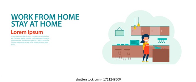banner of cartoon version of working home and stay home with flat design