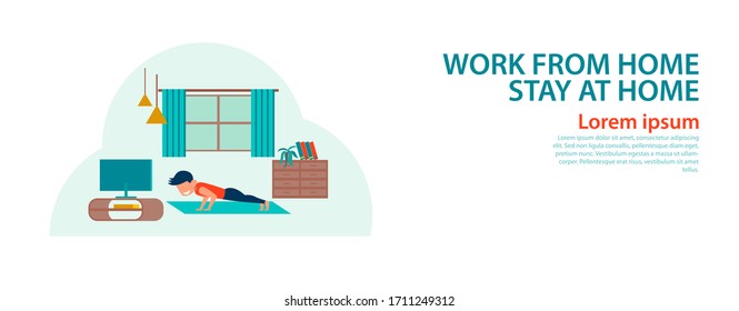 banner of cartoon version of working home and stay home with flat design