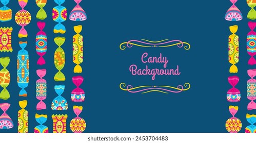 Banner with cartoon wrapped candy. Simple sweets and place for text poster candy shop celebration. Tasty sugar dessert various shape postcard for childish party. Wrapped cartoon vector background