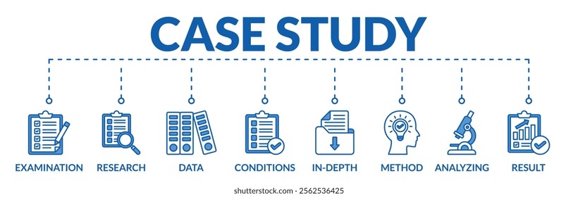 Banner of case study web vector illustration concept with icons of examination, research, data, conditions, in depth, method, analyzing, result