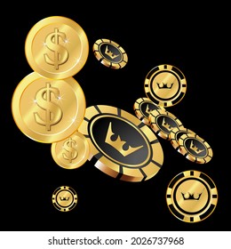 Сasino banner. Casino Chips and Money are falling down. Banner for ads of parties, events in Vegas.