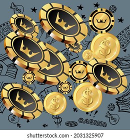Сasino banner. Casino Chips and Money are falling down. Banner for ads of parties, events in Vegas.