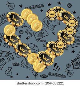 Сasino banner. Casino Chips and Money are falling down. Banner for ads of parties, events in Vegas.