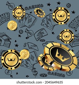 Сasino banner. Casino Chips and Money are falling down. Banner for ads of parties, events in Vegas.