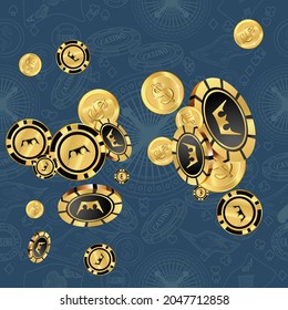 Сasino banner. Casino Chips and Money are falling down. Banner for ads of parties, events in Vegas.