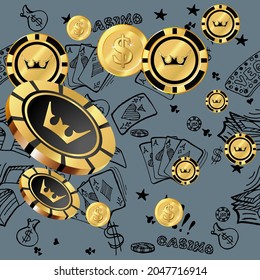 Сasino banner. Casino Chips and Money are falling down. Banner for ads of parties, events in Vegas.