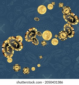 Сasino banner. Casino Chips and Money are falling down. Banner for ads of parties, events in Vegas.