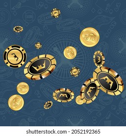 Сasino banner. Casino Chips and Money are falling down. Banner for ads of parties, events in Vegas.