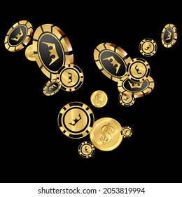 Сasino banner. Casino Chips and Money are falling down. Banner for ads of parties, events in Vegas.