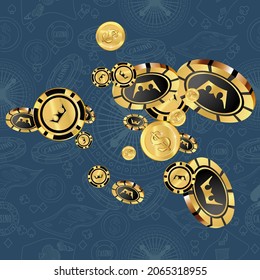 Сasino banner. Casino Chips and money are falling down. Banner for ads of parties, events in Vegas.