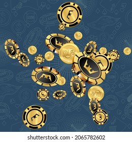Сasino banner. Casino Chips and money are falling down. Banner for ads of parties, events in Vegas.