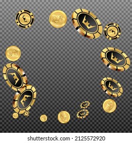 Сasino banner. Casino Chips and money are falling down. Banner for ads of parties, events in Vegas.