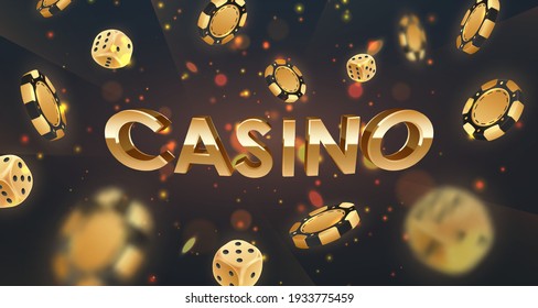 Banner Casino with Falling golden poker chips, tokens, dices on black background with gold lights, rays, sparkles and bokeh. Vector illustration.