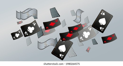 Сasino banner. Casino Playing Cards are falling down. Banner for ads of parties, events in Vegas.
