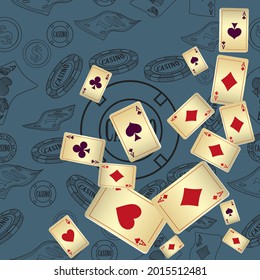 Сasino banner. Casino Playing Cards are falling down. Banner for ads of parties, events in Vegas.
