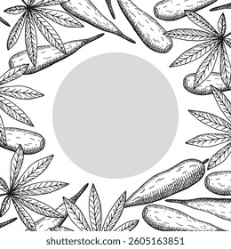 Banner with Cassava vegetable for text. Hand drawn vector label with engraved tubers and leaves of tropical plant Manihot esculenta. Food illustration for wrapping, logo, card, sign, template, print