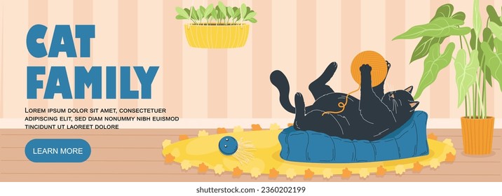 Banner with cat concept. Cute black domestic animal with yellow ball at cushion. Landing page design. Fluffy and playful pet indoor. Template, layout and mock up. Cartoon flat vector illustration