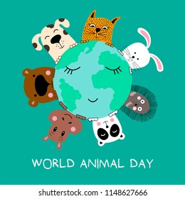 Banner with cat, dog, panda, bear, hippo, rabbit and hedgehog. World animal day. Vector illustration.