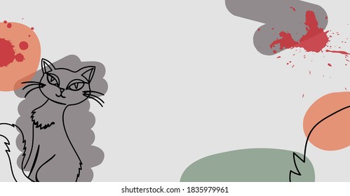 Cartel de un gato de estilo lineal dibujado a mano con coloridas manchas abstractas. Ilustración vectorial.