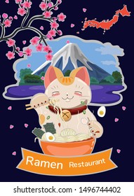 Banner with a cat who eats ramen noodles with chopsticks. Vector graphics.