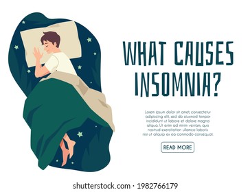 Banner with causes of insomnia and young man who overcome of sleeplessness. Top view on male character lying in bed bedroom and sleep of night health slumber. Vector illustration