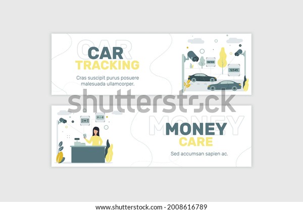 Banner. CCTV.\
Video surveillance. Remote access. Street cameras record license\
plates of cars. The camcorder captures the bills in the hands of\
the cashier. Vector\
illustration.