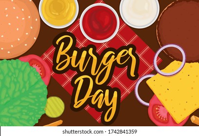 Banner to celebrate Burger Day with top view of squared napkin and delicious hamburger ingredients: onion, tomato lettuce, pickle, cheese, bread, sauces and French fries.