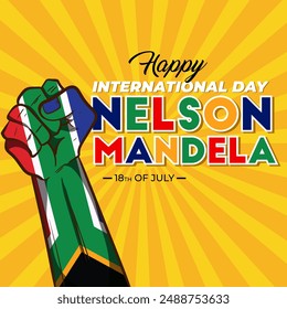 Anuncio celebra el Día Internacional de Nelson Mandela el 18 de julio. Diseño de texto internacional Día de Nelson Mandela sobre fondo amarillo. Arte conceptual de la bandera de Sudáfrica mostrando fuerza, unidad y poder