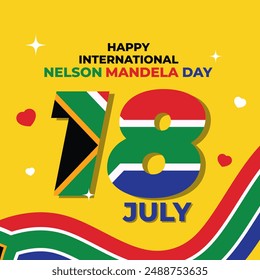 Anuncio celebra el Día Internacional de Nelson Mandela el 18 de julio. Diseño de texto internacional Día de Nelson Mandela sobre fondo amarillo. Arte conceptual de la bandera de Sudáfrica mostrando fuerza, unidad y poder