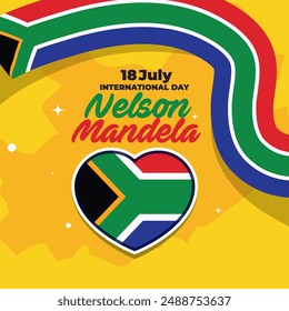 Anuncio celebra el Día Internacional de Nelson Mandela el 18 de julio. Diseño de texto internacional Día de Nelson Mandela sobre fondo amarillo. Arte conceptual de la bandera de Sudáfrica mostrando fuerza, unidad y poder