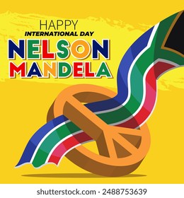 Anuncio celebra el Día Internacional de Nelson Mandela el 18 de julio. Diseño de texto internacional Día de Nelson Mandela sobre fondo amarillo. Arte conceptual de la bandera de Sudáfrica mostrando fuerza, unidad y poder