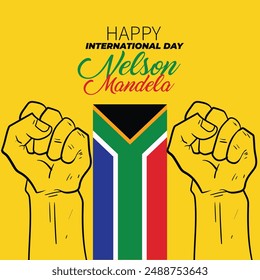 Anuncio celebra el Día Internacional de Nelson Mandela el 18 de julio. Diseño de texto internacional Día de Nelson Mandela sobre fondo amarillo. Arte conceptual de la bandera de Sudáfrica mostrando fuerza, unidad y poder