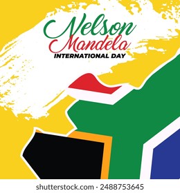 Anuncio celebra el Día Internacional de Nelson Mandela el 18 de julio. Diseño de texto internacional Día de Nelson Mandela sobre fondo amarillo. Arte conceptual de la bandera de Sudáfrica mostrando fuerza, unidad y poder