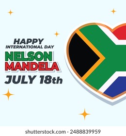 Anuncio celebra el Día Internacional de Nelson Mandela el 18 de julio. Diseño de texto internacional Día de Nelson Mandela sobre fondo blanco. Arte conceptual de la bandera de Sudáfrica mostrando fuerza, unidad y poder