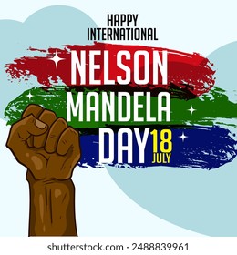 Anuncio celebra el Día Internacional de Nelson Mandela el 18 de julio. Diseño de texto internacional Día de Nelson Mandela sobre fondo blanco. Arte conceptual de la bandera de Sudáfrica mostrando fuerza, unidad y poder