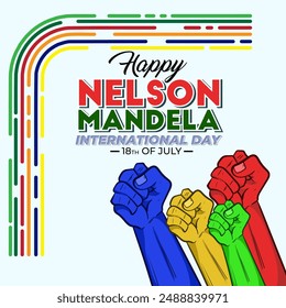 Anuncio celebra el Día Internacional de Nelson Mandela el 18 de julio. Diseño de texto internacional Día de Nelson Mandela sobre fondo blanco. Arte conceptual de la bandera de Sudáfrica mostrando fuerza, unidad y poder