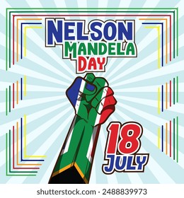 Anuncio celebra el Día Internacional de Nelson Mandela el 18 de julio. Diseño de texto internacional Día de Nelson Mandela sobre fondo blanco. Arte conceptual de la bandera de Sudáfrica mostrando fuerza, unidad y poder