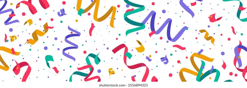 Banner to celebrate a party or event - Confetti, streamers and colorful dots - Festive vector illustration - Celebration for a party or birthday - Joy and happiness