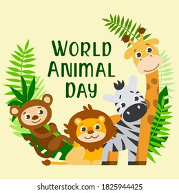 Banner to celebrate World Animal Day, with adorable animals: monkey, lion, zebra, giraffe, framing the text.