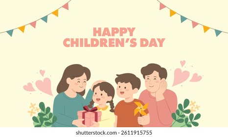A banner celebrating Children's Day. A mother and father are congratulating their children.