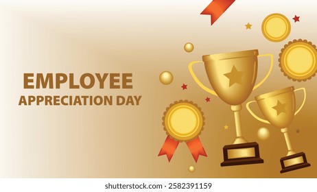 A banner celebrating Employee Appreciation Day, featuring golden trophies, ribbons, and awards to honor employees for their hard work and dedication.