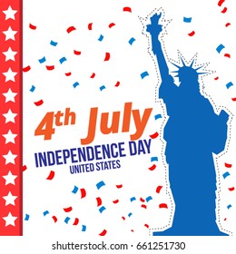 Banner of celebration of the 4th of July. Silhouette of the Statue of Liberty with confetti and stars. Red and blue colors of the United States