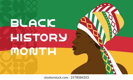 Banner for celebration of Black History Month. Dark-skinned woman in profile, shoulder-length. Hairstyle on dark curly hair. Scarf with national African pattern. Vector illustration.