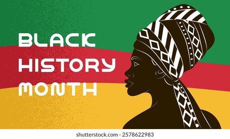 Banner for celebration of Black History Month. Dark-skinned woman in profile, shoulder-length. Hairstyle on dark curly hair. Scarf with national African pattern. Vector illustration.