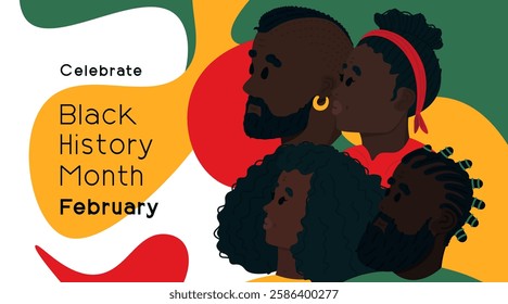 Banner for the celebration of Black History Month in February. Features four stylized characters, representing both men and women, on a plain flat background for this national holiday month 