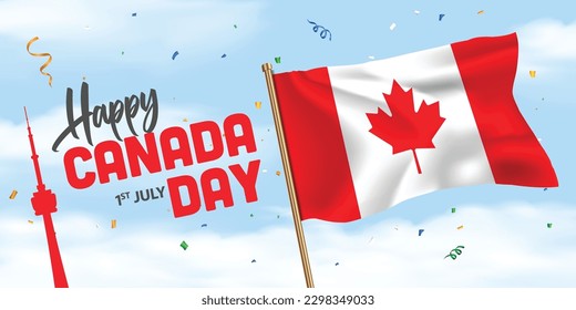 Banner zum Feiern des Happy 1. Juli Canada Day Hintergrund mit Canda-Flagge, Konfetti und CN Tower