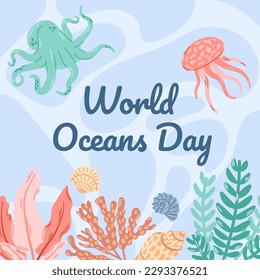 Banner for the celebration of world ocean day, with an illustration of a turtle and a jellyfish on the seabed with caralas and shells. 