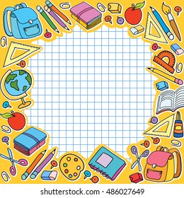 banner cell sheet in cage with pupil set of different school things back to school apple vector illustration